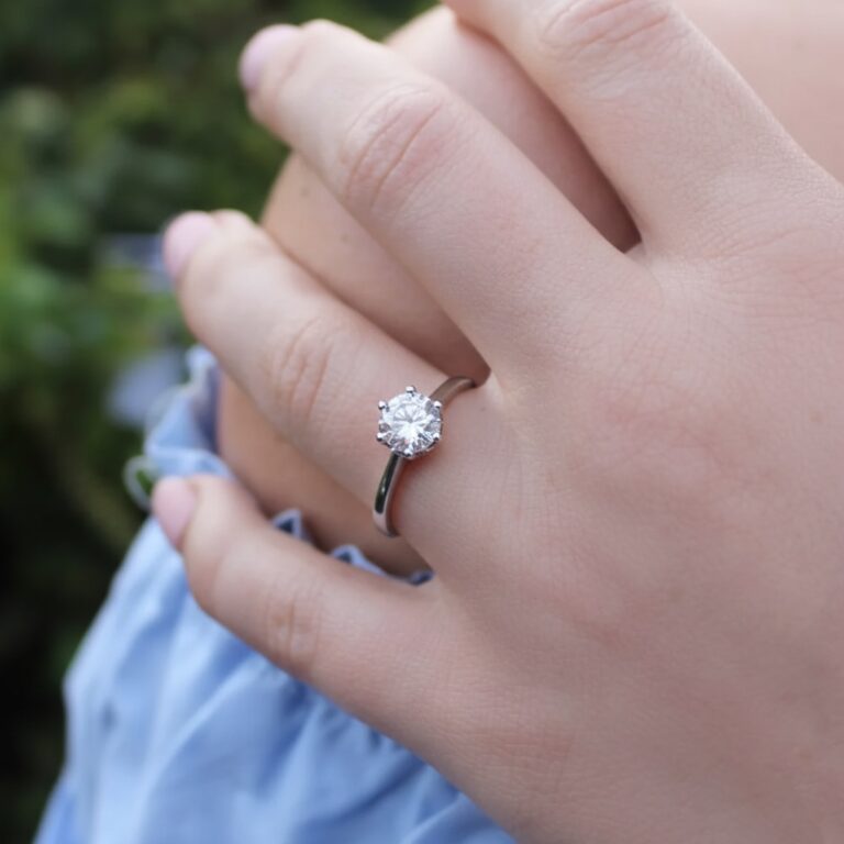 A round solitaire engagement ring worn outdoors, Tru-Diamonds™