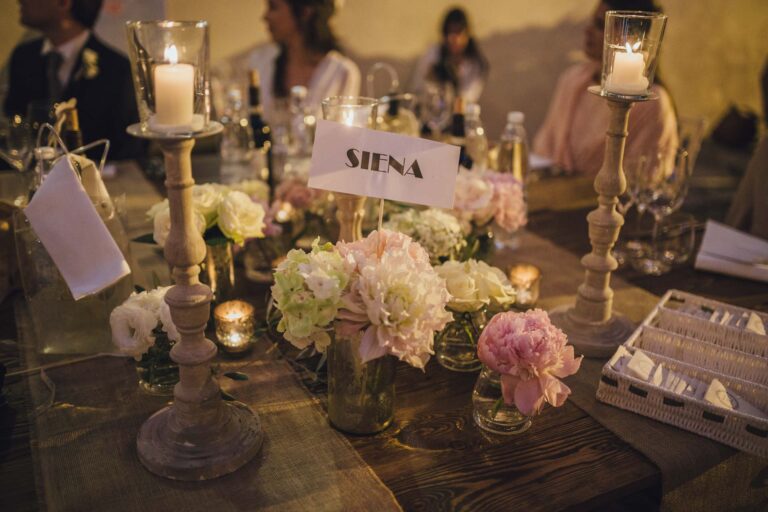 A candlelit table named Siena, dressed with peonies and hydrangeas, Tuscan DMC