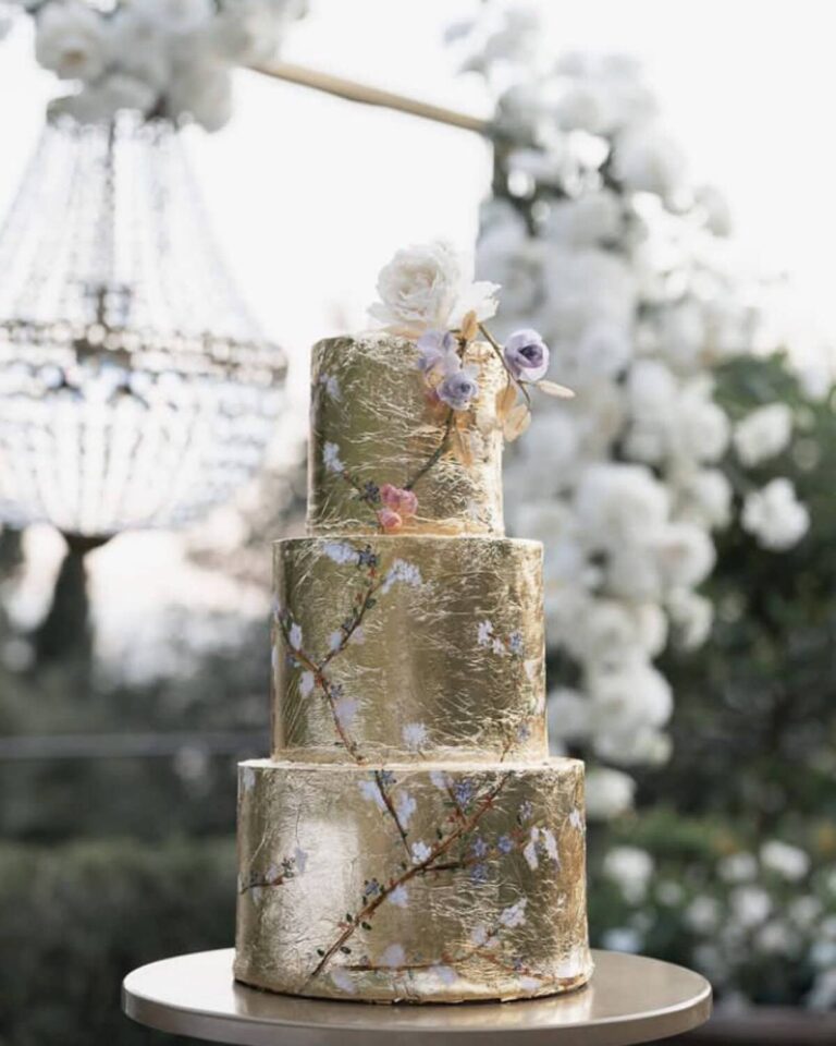 Chinoiserie-inspired gold leaf tiered wedding cake with delicate floral details at Villa San Michele in Fiesole, Italy., Tuscan Wedding Cakes