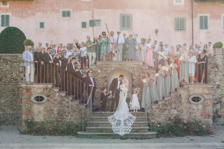 Guests banked up the villa staircase, Umbria Weddings and Events