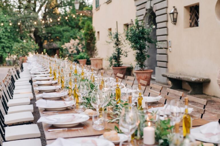The long table against the villa wall, olive oil at every place, Umbria Weddings and Events