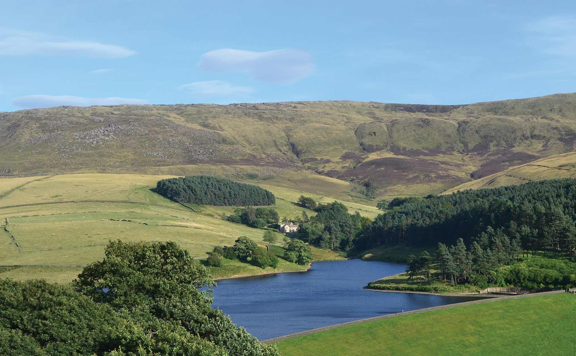 The house among trees on the hillside above Kinder Reservoir, with the moor behind, Upper House Hayfield