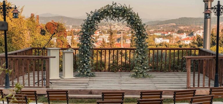 A ceremony arch on the wooden terrace above the town, Urla Sahne