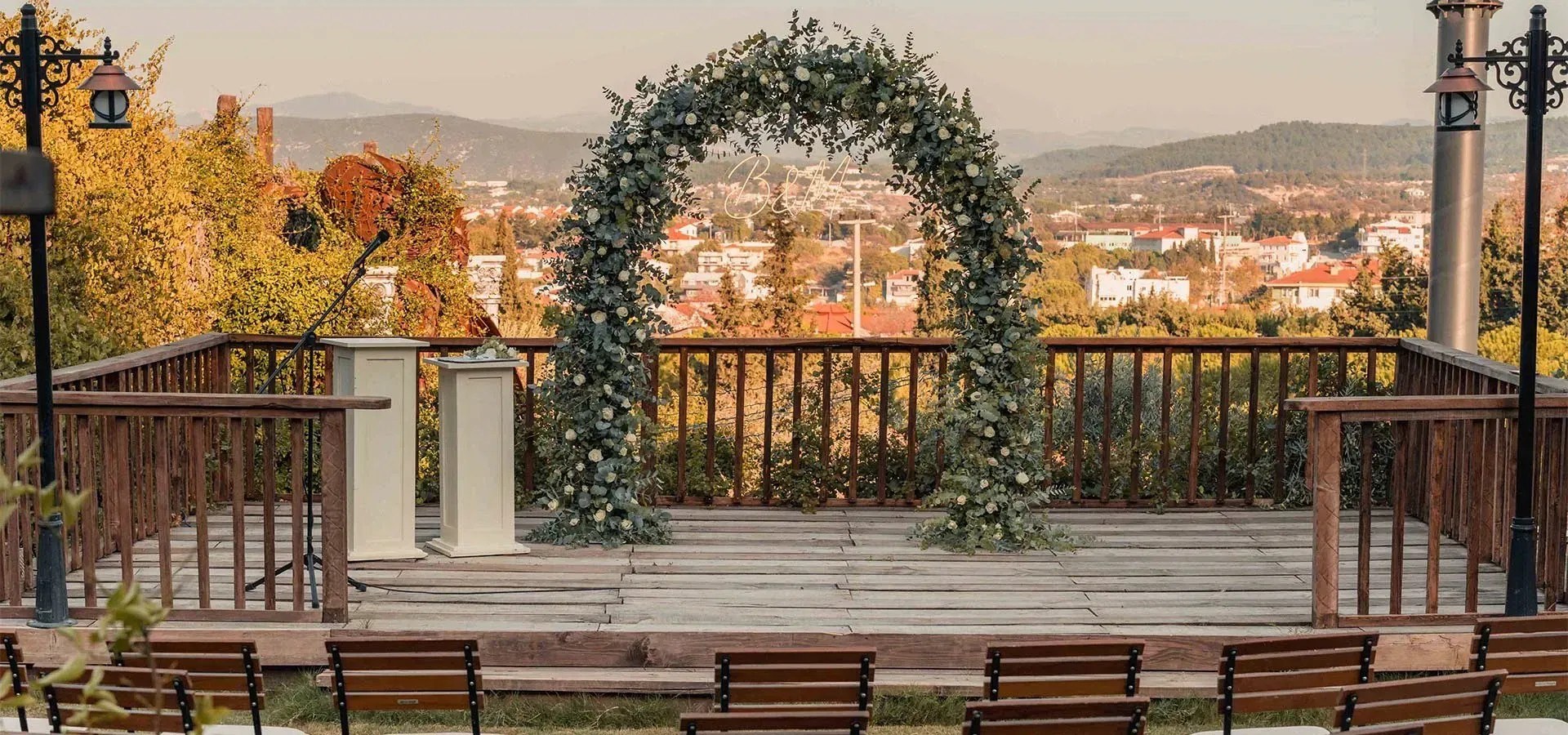A ceremony arch on the wooden terrace above the town, Urla Sahne