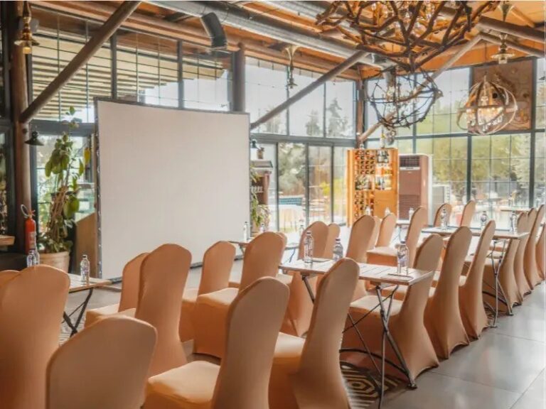 The Grapes hall set out with chairs and a screen, Urla Sahne