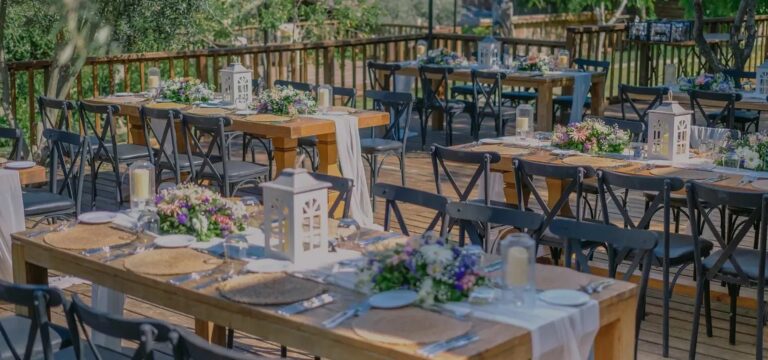 Long tables set on the terrace among the olive trees, Urla Sahne