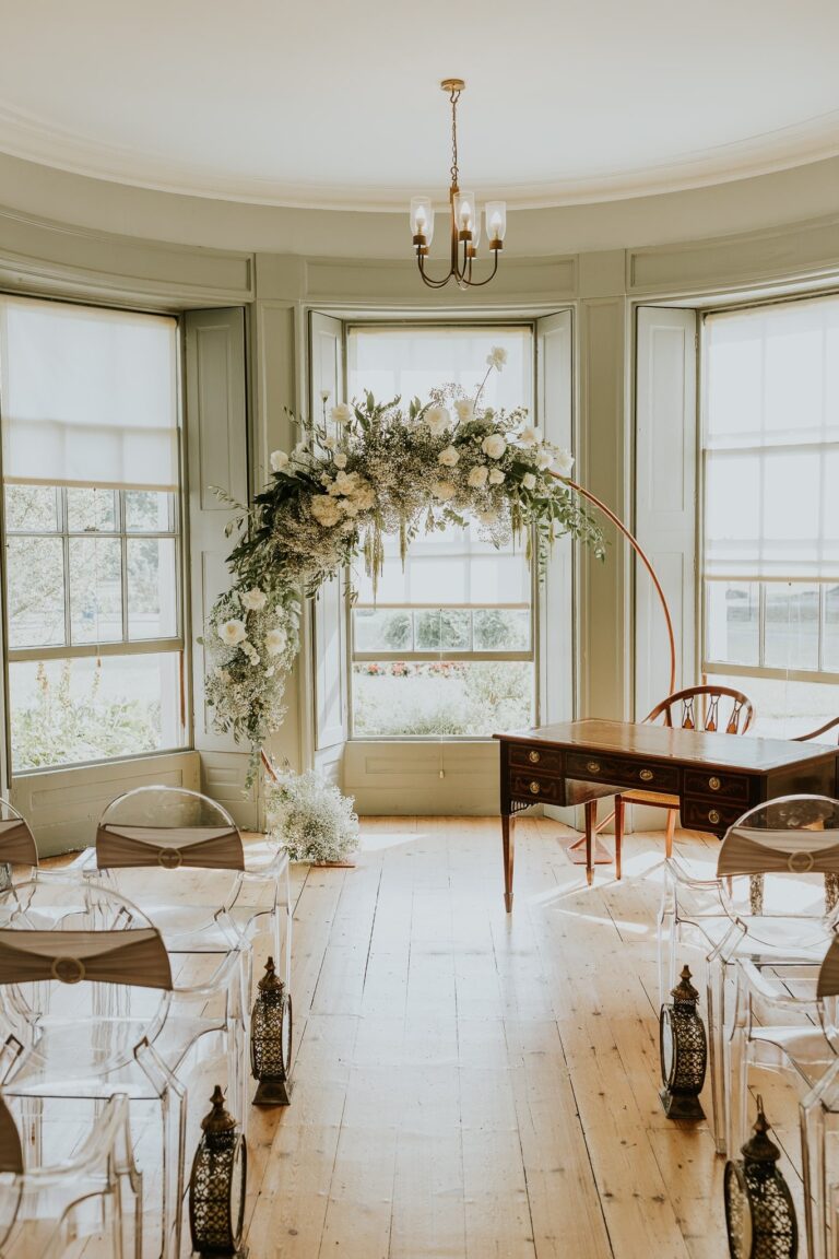A floral arch and lanterns dressing the Morning Room bay, Valentines Mansion & Gardens