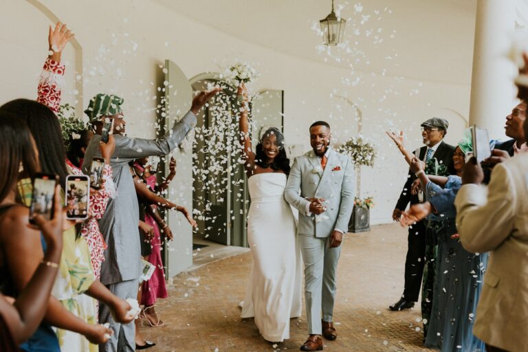Confetti thrown indoors as the couple leave the ceremony room, Valentines Mansion & Gardens