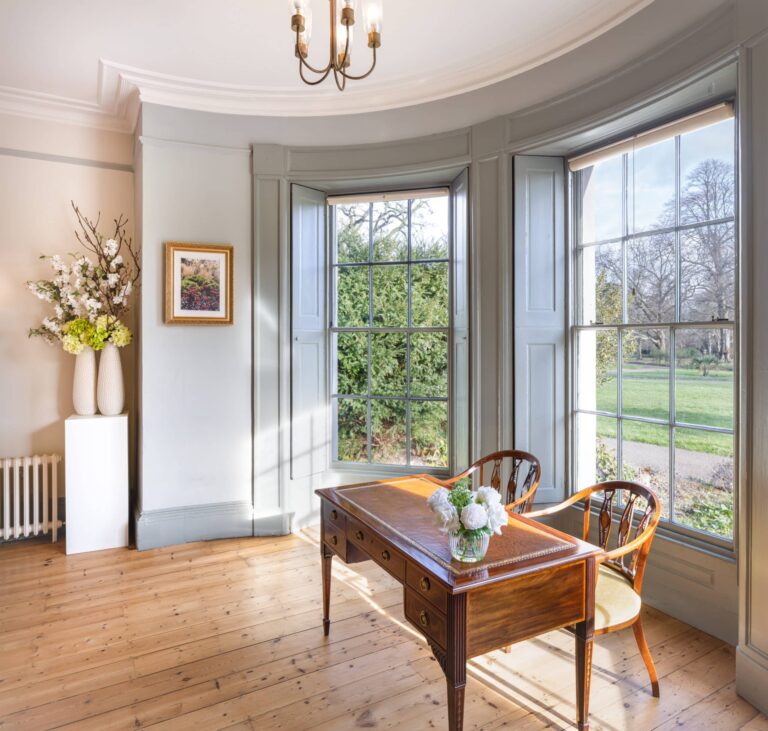 The registrar's desk in the Morning Room bay window, Valentines Mansion & Gardens