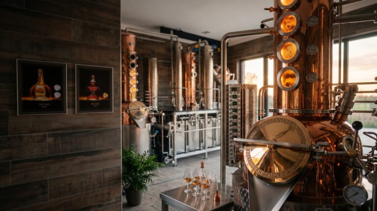 The copper still of the estate distillery, Valle del Marta