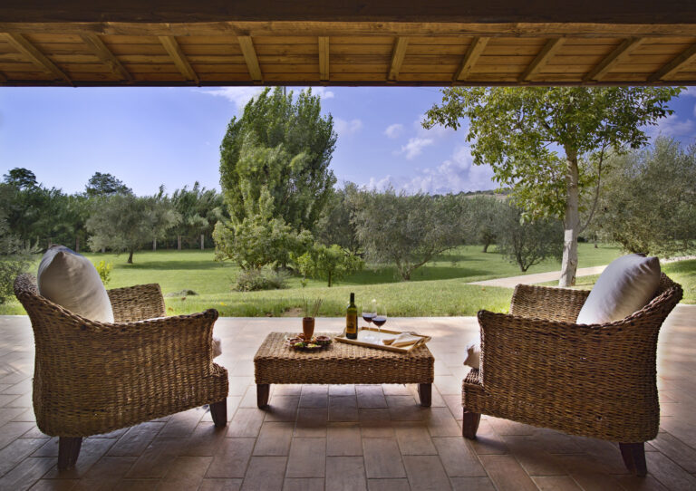 A covered terrace looking over the olive grove, Valle del Marta