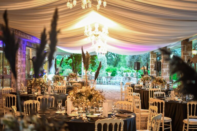 The Marquee Interior, Chandelier and Green Florals, Valle dell'Aquila