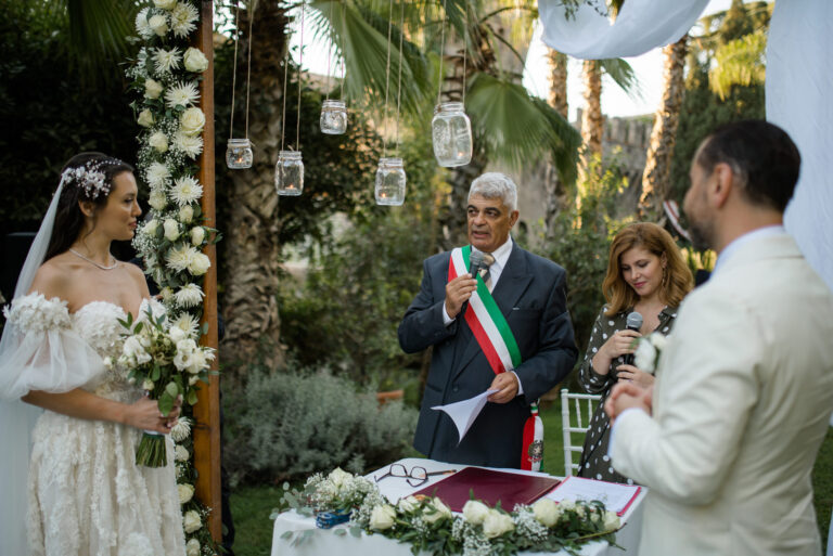Civil ceremony in a garden near Rome with the officiant and flowers, Vera Weddings