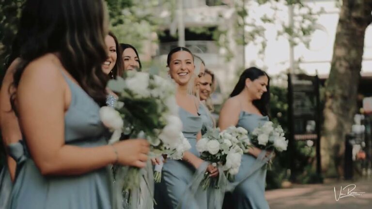 Bridesmaids in dusty blue with white bouquets, Corinthia London, Vic Rivero Films