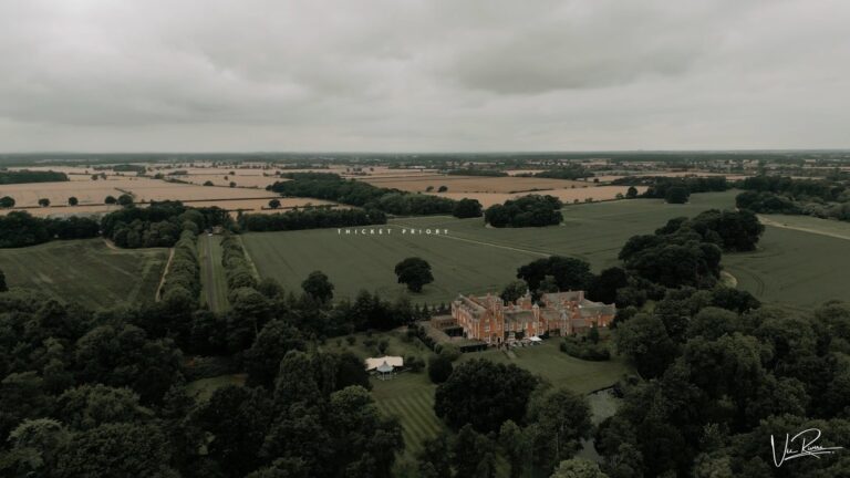 Aerial view of Thicket Priory and the surrounding countryside, from Courtney and Vivek's wedding film, Vic Rivero Films