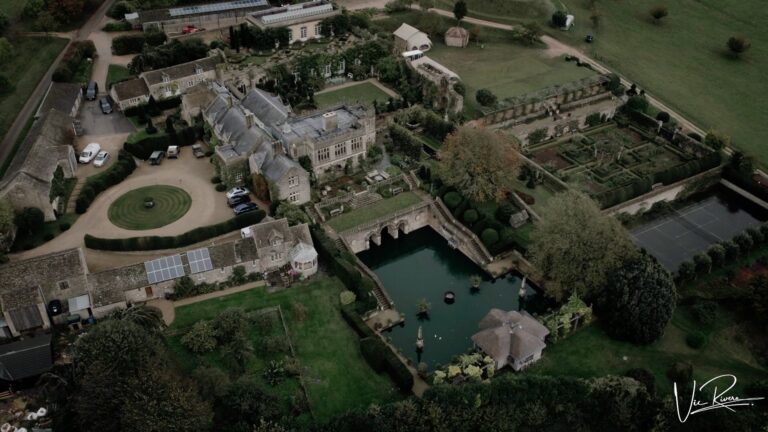 Aerial view of Euridge Manor and its gardens in the Cotswolds, Vic Rivero Films