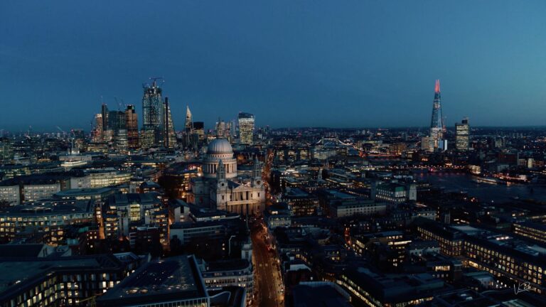 The City of London and St Paul's at dusk, aerial frame from a London wedding film, Vic Rivero Films