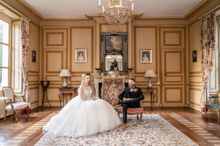 Bride and groom in a panelled salon at Chateau de Bouthonvilliers, France, Victoria Amrose Photography