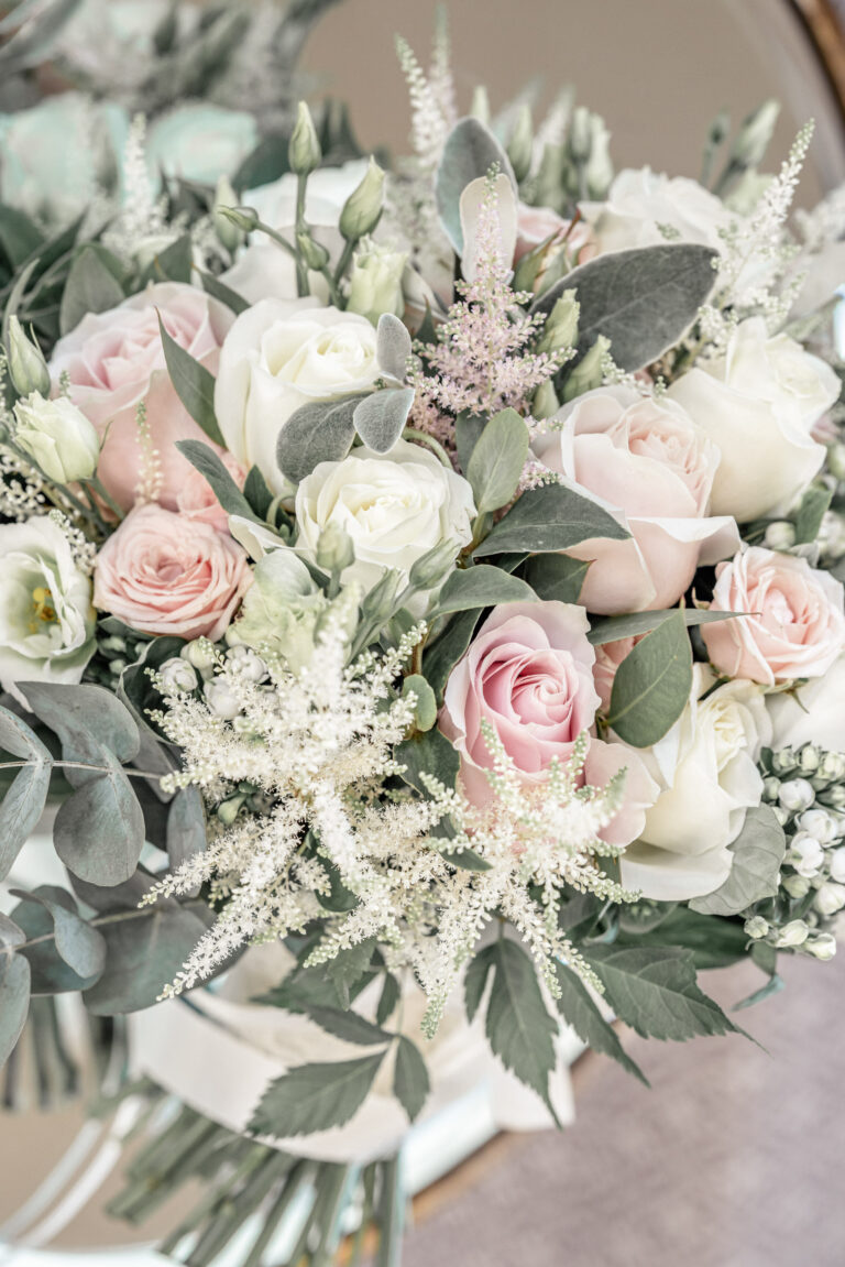 A bridal bouquet of blush and white roses, Hawkstone Hall, Shropshire, Victoria Amrose Photography
