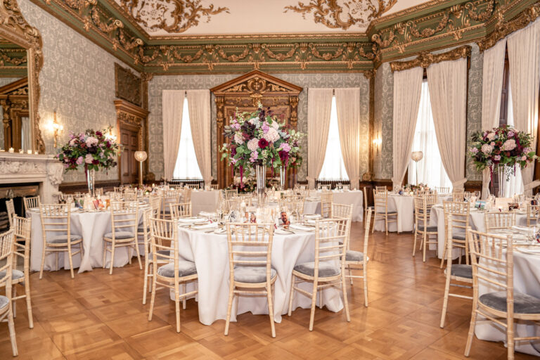 The dining room laid for the wedding breakfast, Hawkstone Hall, Shropshire, Victoria Amrose Photography