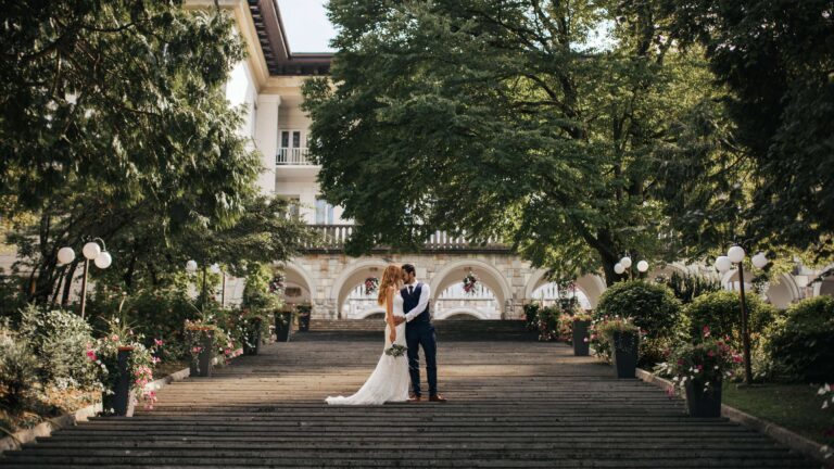 Couple on the garden steps below Vila Bled, Vila Bled