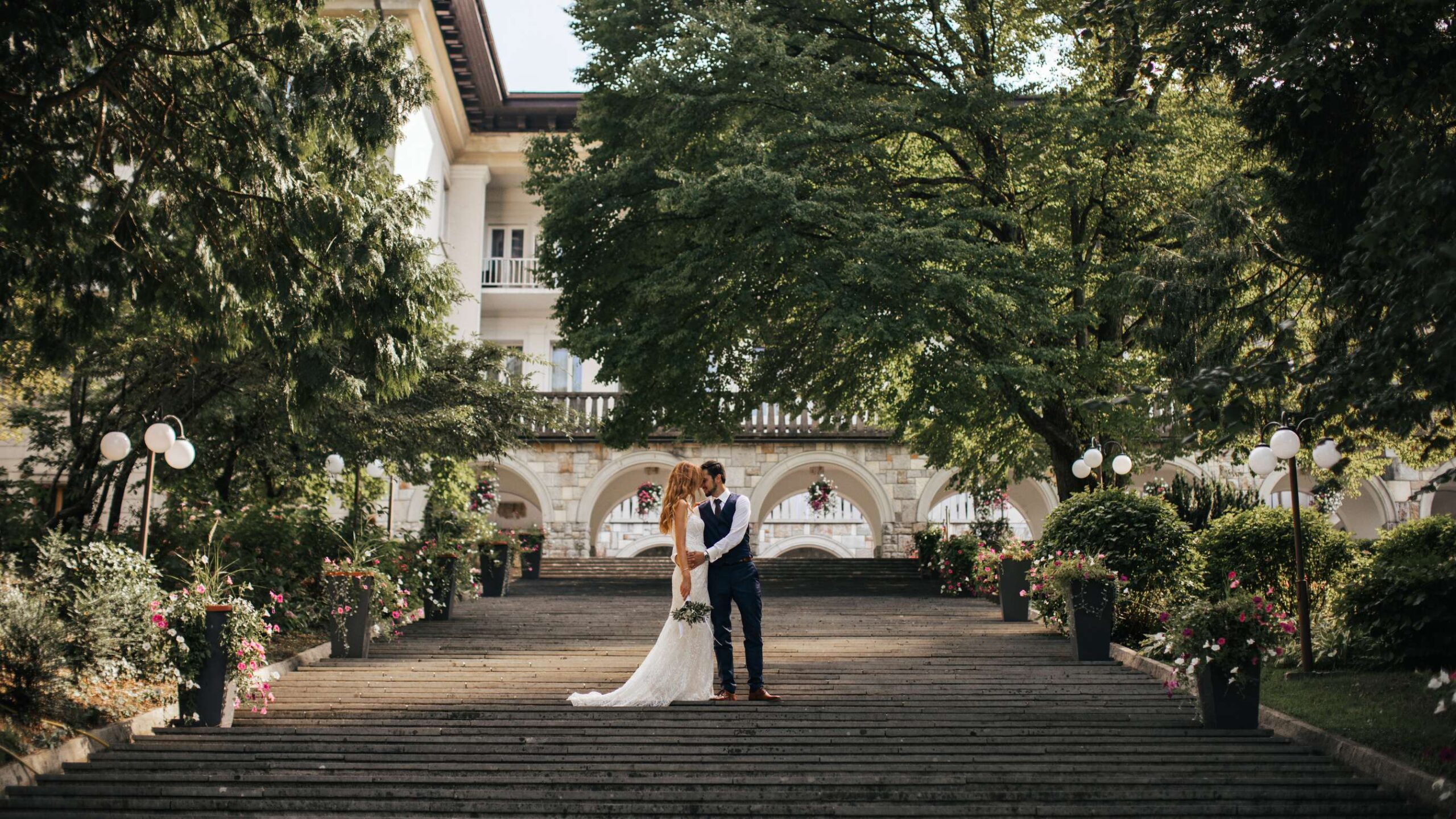 Couple on the garden steps below Vila Bled, Vila Bled
