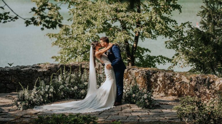Couple on the lakeside stone terrace, Vila Bled
