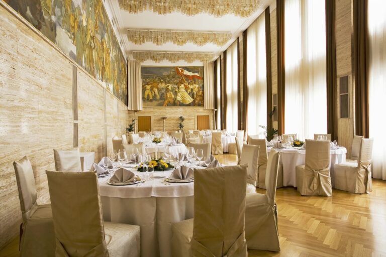 The Concert Hall set for a wedding banquet, Vila Bled