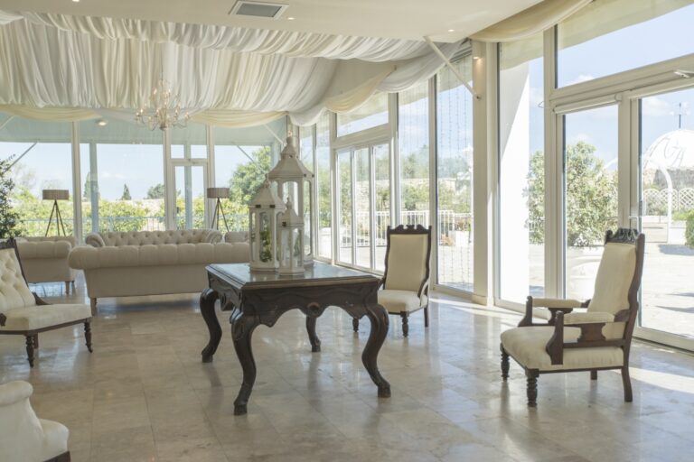 A lounge corner under draped ceiling in the marquee, Villa Arrigo