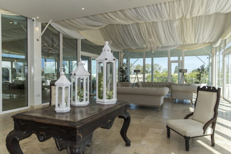 Lanterns and seating inside the marquee, Villa Arrigo