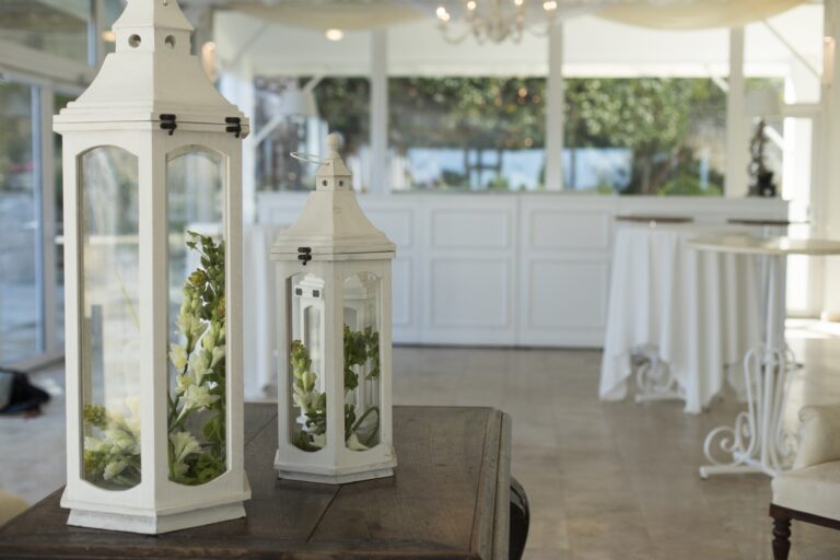 Lanterns and cocktail tables in the marquee, Villa Arrigo