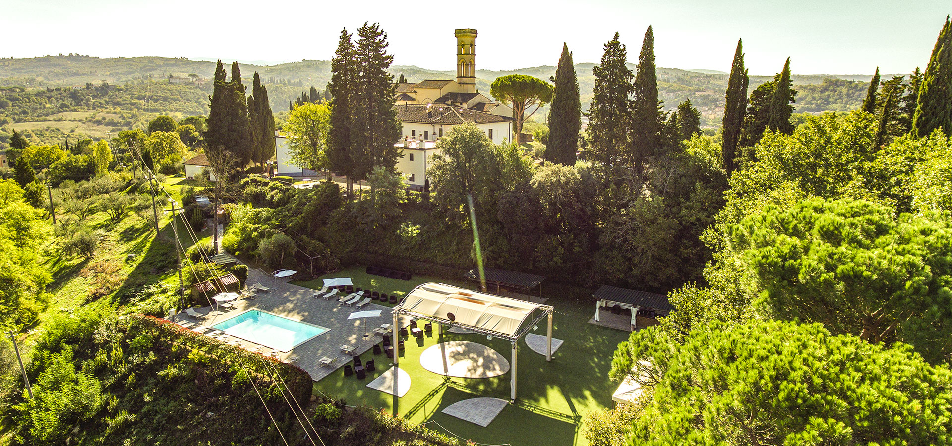 Aerial view of the villa, gardens and pool, Villa Castiglione