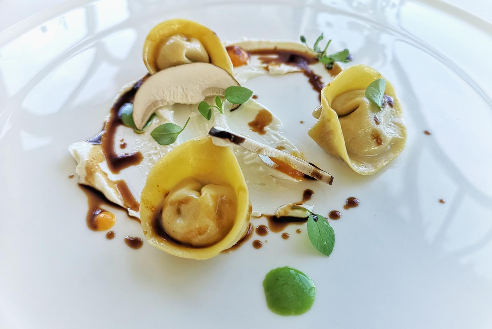 Filled pasta served with a sauce and green purée, Villa Cimbrone