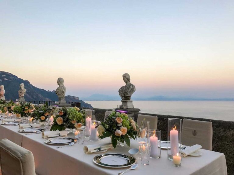 Table laid for dinner on the terrace at sunset, Villa Cimbrone