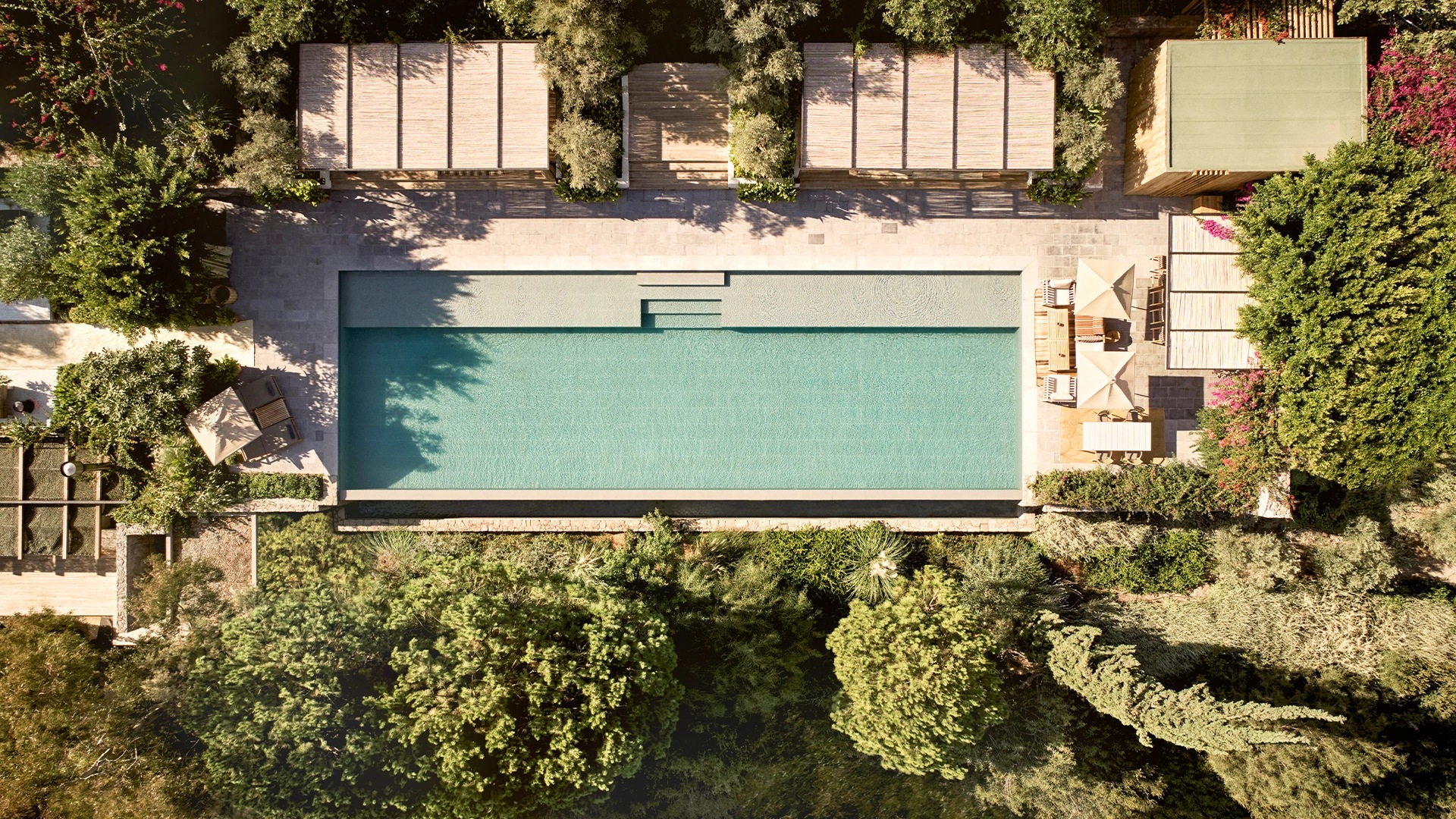 Aerial view of the pool and terraces, Villa Maçakızı Bodrum