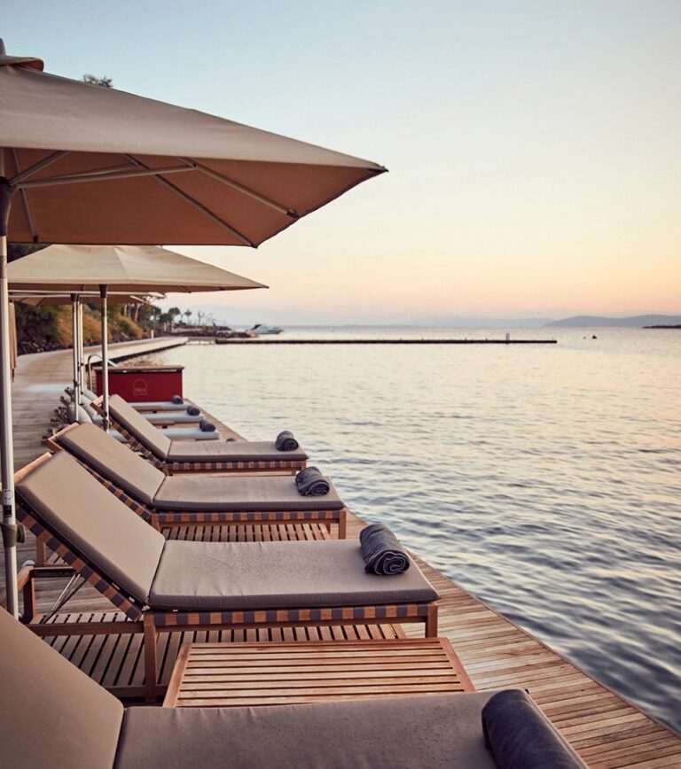 Loungers on the deck at sunset, Villa Maçakızı Bodrum