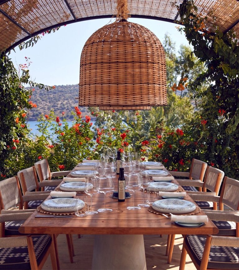 Terrace dining table under a pergola, Villa Maçakızı Bodrum