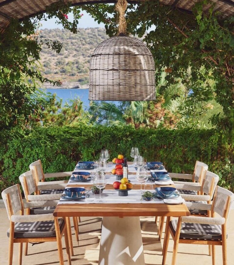 Table laid on the terrace above the bay, Villa Maçakızı Bodrum