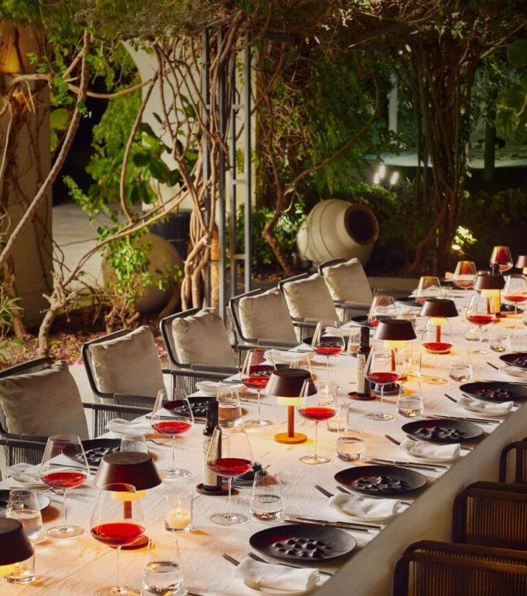 Long table laid among the garden, Villa Maçakızı Bodrum
