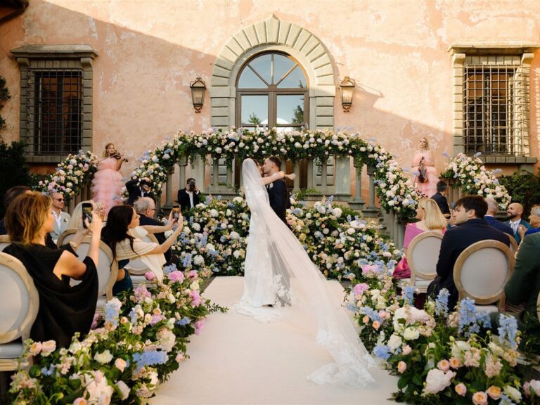 A wedding ceremony set in the villa courtyard, Villa Mangiacane