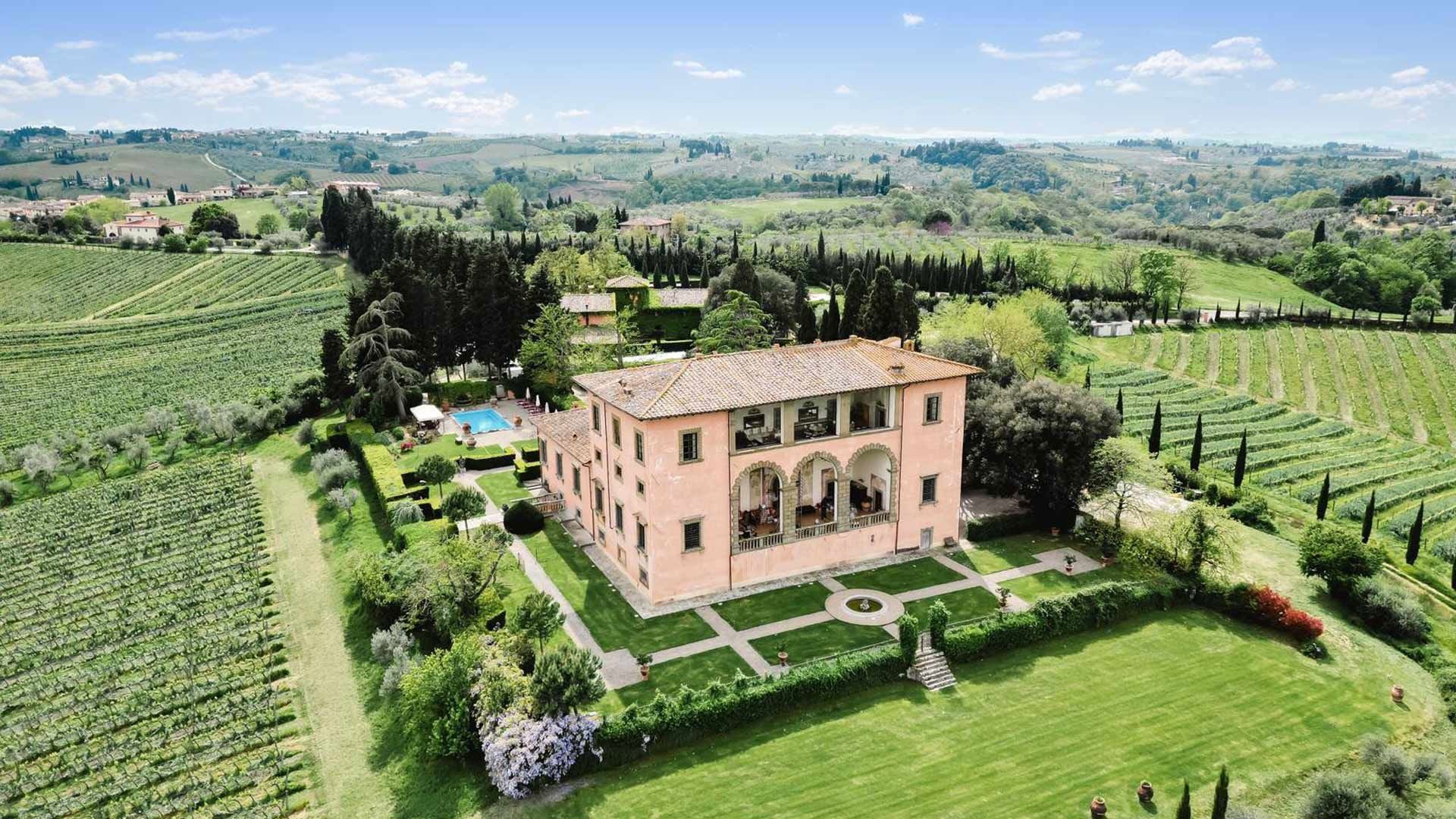 The villa and its gardens from the air, Villa Mangiacane