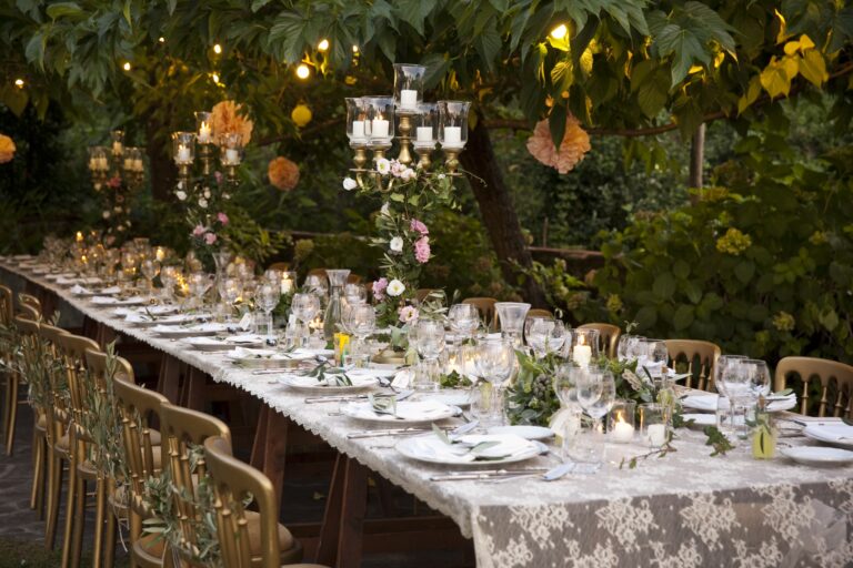 A garden dinner under hanging chandeliers, Villa Michaela, Villa Michaela