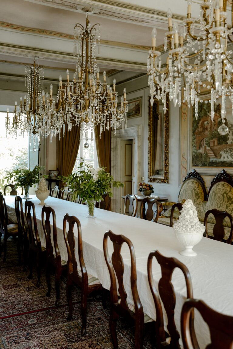 The chandelier dining room set for a wedding dinner, Villa Michaela