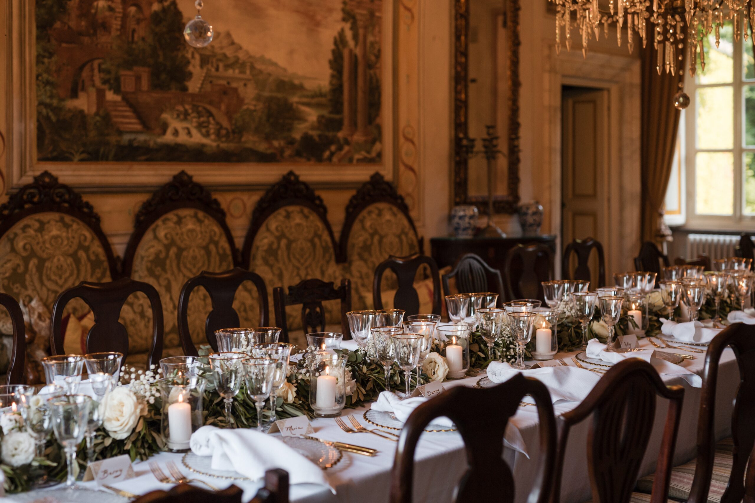 The grand dining room, dressed for a wedding feast, Villa Michaela