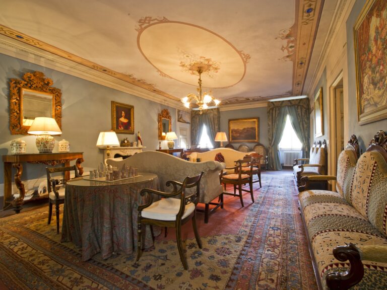The grand salon, antique furnishings and oil paintings, Villa Michaela
