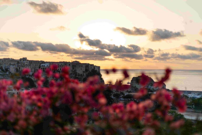 Sunset over the bougainvillea and the Coast of the Gods, Villa Paola