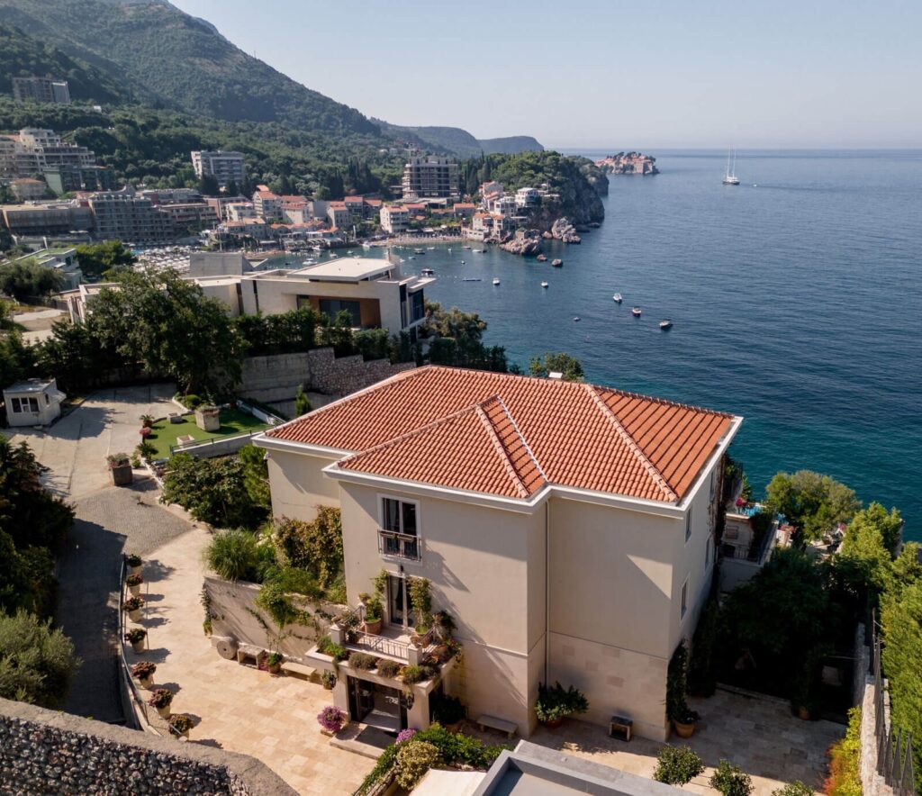 The villa roof and the bay of Pržno, Villa Ponta Melagrana