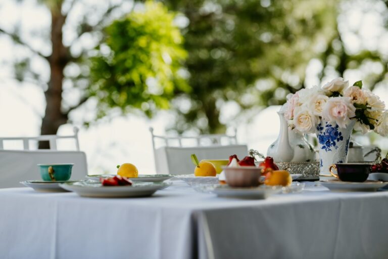 A breakfast table set on the terrace, Villa Ponta Melagrana