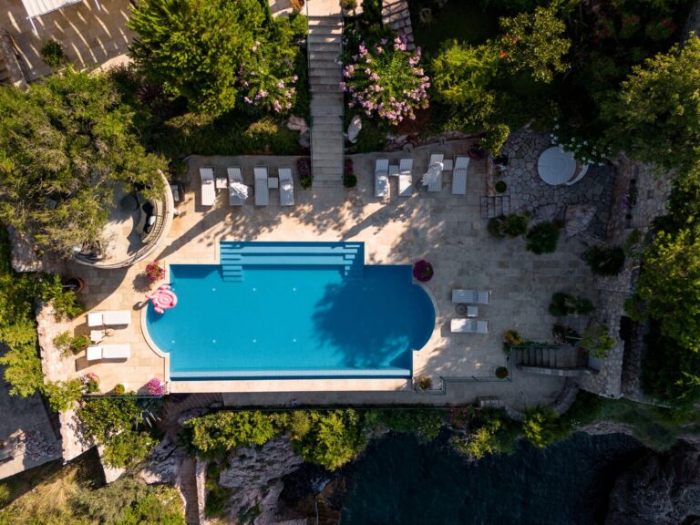Aerial view of the pool and terrace, Villa Ponta Melagrana