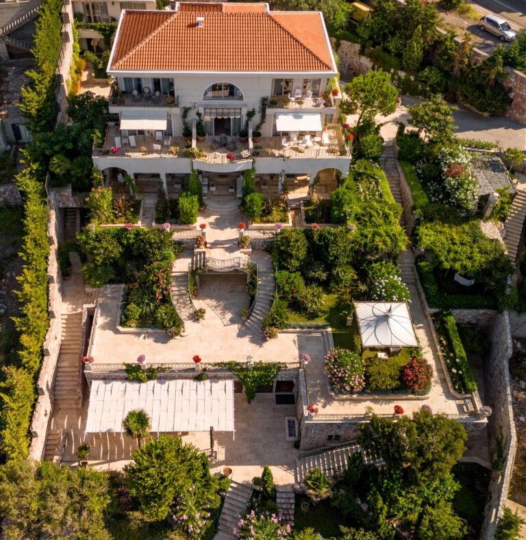 Aerial view of the villa and its gardens, Villa Ponta Melagrana